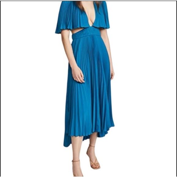 AMUR Dara Pleated Ocean Blue Midi Dress with Cutouts – Size 6 - Picture 3 of 9